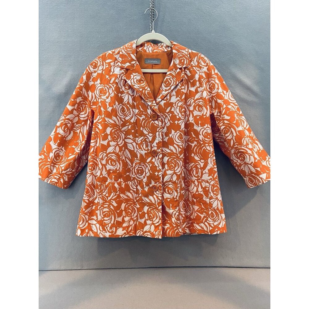 Liz Claiborne Jacket Women's Size 1X Orange/White‎ Rose Swirl Print Short Trench